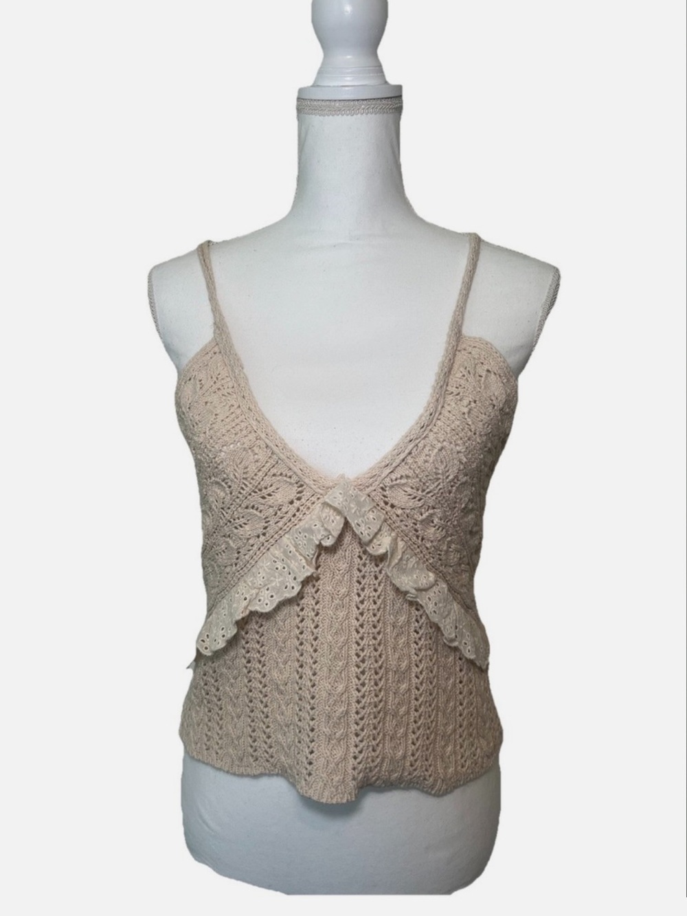 Zara Crochet Knit Crop Top Beige Ruffle Sleeveless Summer Casual Boho NWT Size L